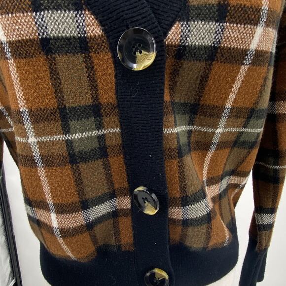 Marled Medium Plaid Button Cardigan Brown Black V-Neck Long Sleeve Soft Stretch - Picture 5 of 13